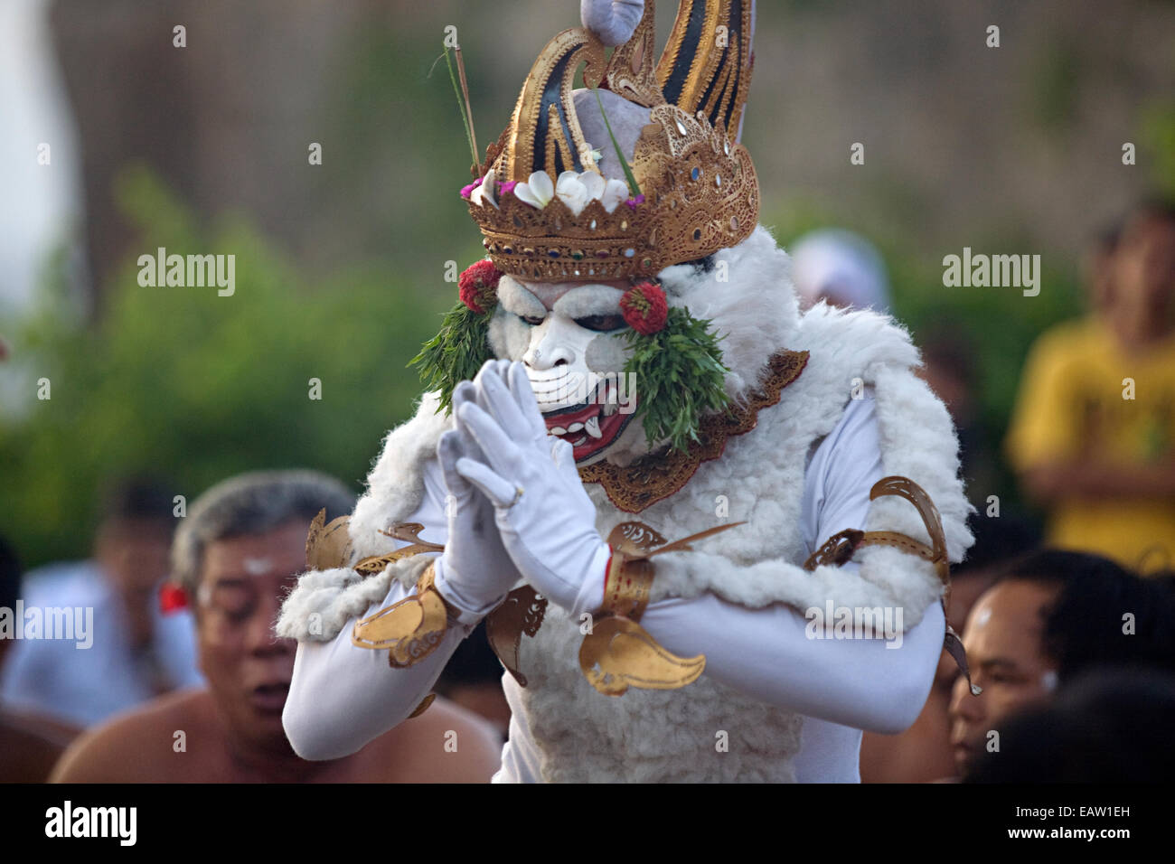Mann in weißen Affen Kostüm führt während Kecak-Tanz in Uluwatu Tempel  Uluwatu Bali Indonesien Stockfotografie - Alamy