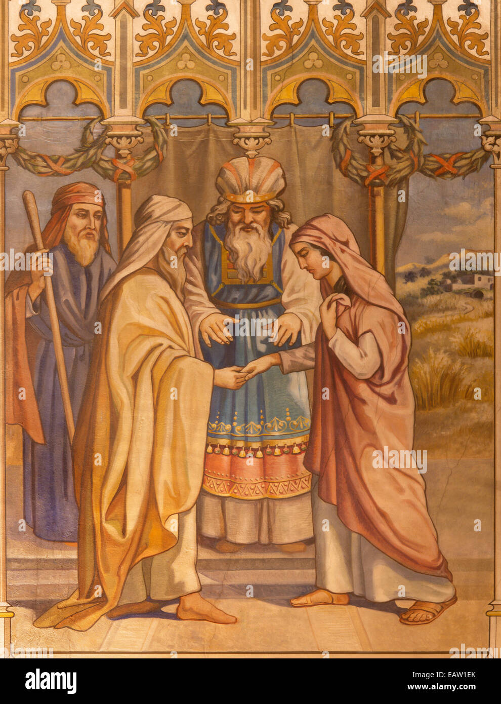 Trnava - Neo-gotischen Fresken der Szene von Boas und Ruth Hochzeit von Leopold Bruckner (1905-1906) in der St. Nikolauskirche. Stockfoto