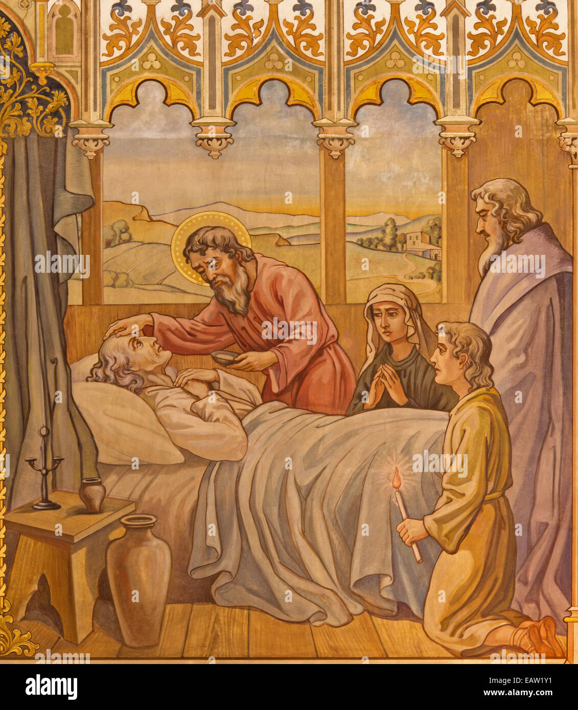 Trnava - Neo-gotischen Freskos der Fhe Szene die Apostel zur Wegzehrung von Leopold Bruckner (1905-1906) in der St. Nikolauskirche. Stockfoto