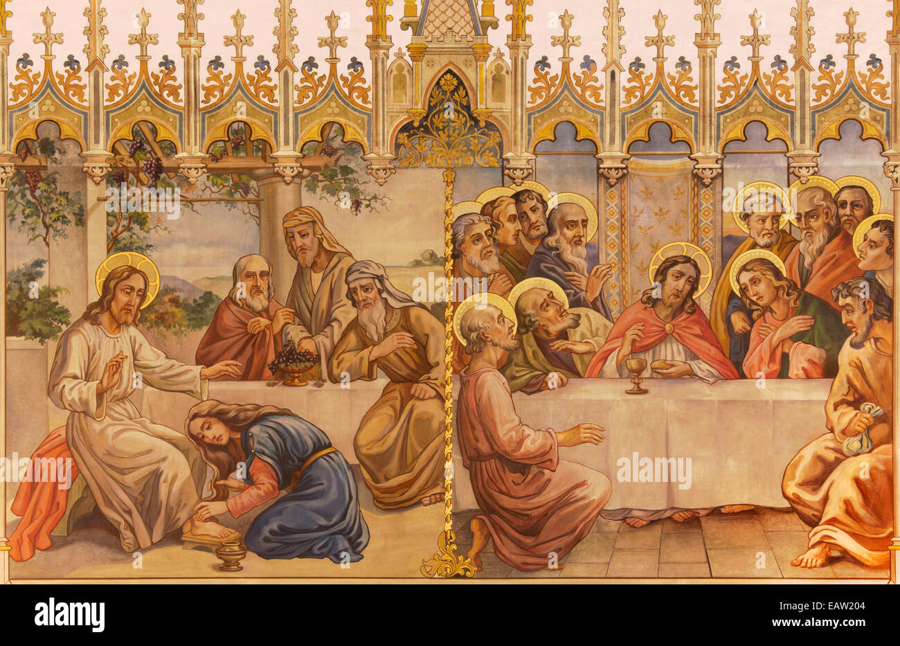 Trnava - das neugotische Fresko des letzten Abendmahl und Jesus und Sünderin in St. Nikolauskirche. Stockfoto