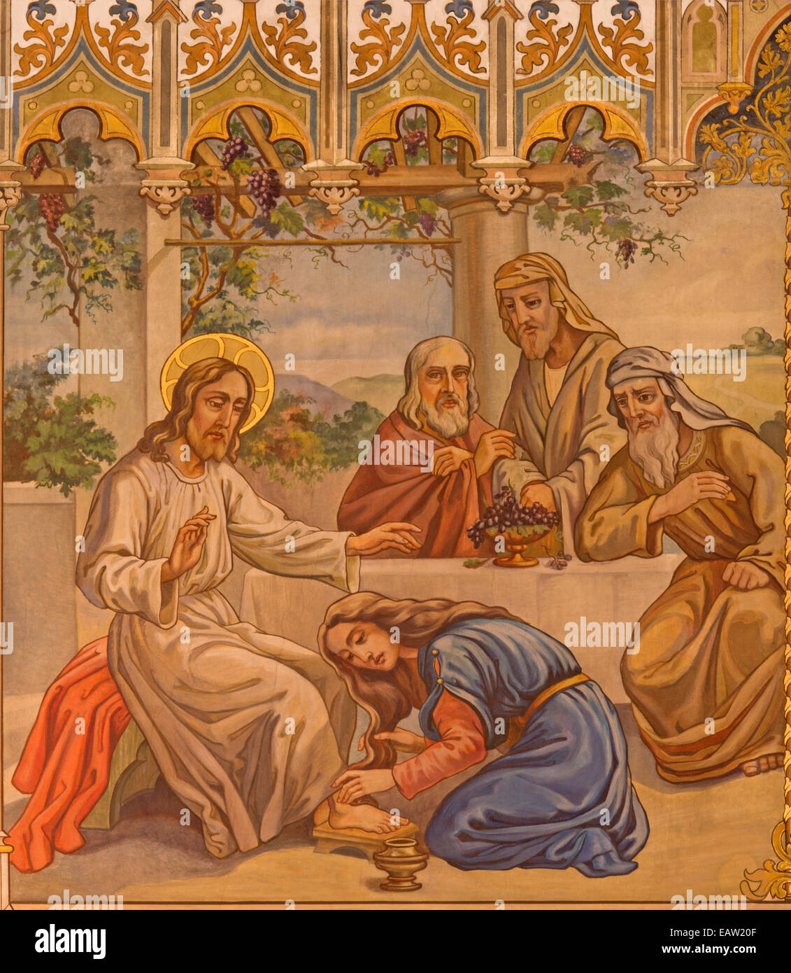 Trnava - Neo-gotischen Fresken Fhe Szene Jesus und die Sünderin von Leopold Bruckner (1905-1906) in der St. Nikolauskirche. Stockfoto