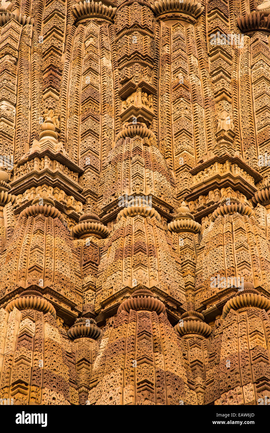 Texturen auf den Lakshamana-Tempel in Khajuraho, Indien. Stockfoto