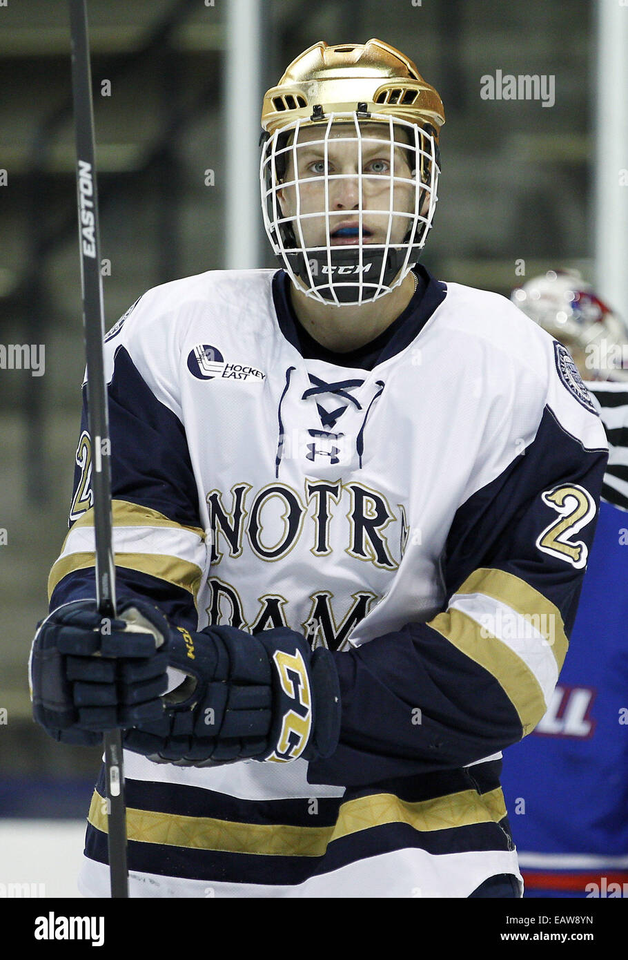 South Bend, Indiana, USA. 20. November 2014. Notre Dame Linksaußen Mario Lucia (22) während der NCAA Hockey Spiel Action zwischen den Notre Dame Fighting Irish und die UMass Lowell River Hawks in Compton Familie Ice Arena in South Bend, Indiana. UMass Lowell besiegte Notre Dame 3: 1. © Csm/Alamy Live-Nachrichten Stockfoto