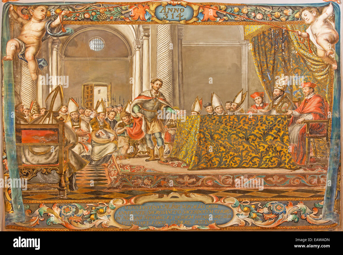 Sevilla - das Fresko der Szene als Kaiser Constantine sprechen über den Rat von Nicäa (325) in der Kirche Hospital de Los gekommen Stockfoto