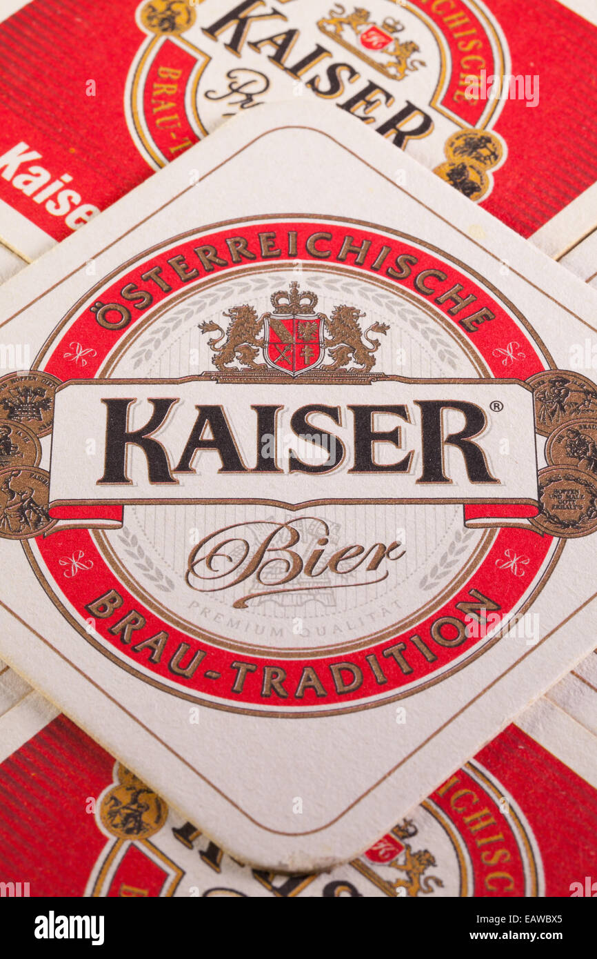 Österreich, LINZ-Juli 7,2014: Kaiser Beer ist das beliebteste Bier gebraut in Linz. Die Biermarke hat eine lange Geschichte und vorhanden ist Sünde Stockfoto