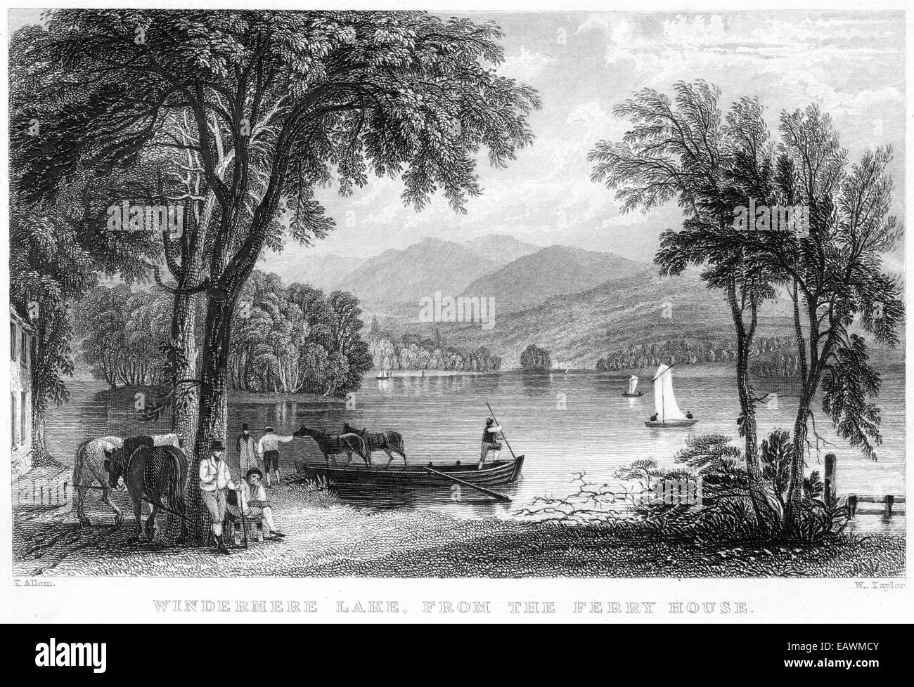 Eine Gravur 'Windermere Lake, von The Ferry House' Scannen mit hoher Auflösung aus einem Buch mit dem Titel veröffentlicht im Jahre 1834. Stockfoto