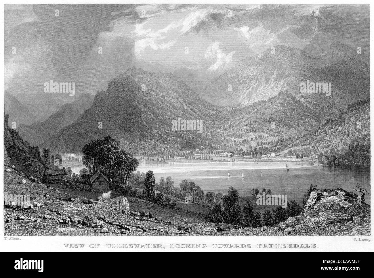 Eine Gravur mit dem Titel "Ansicht des Ulleswater. Blick in Richtung Patterdale "Scannen mit hoher Auflösung aus einem Buch, veröffentlicht im Jahre 1834. Stockfoto