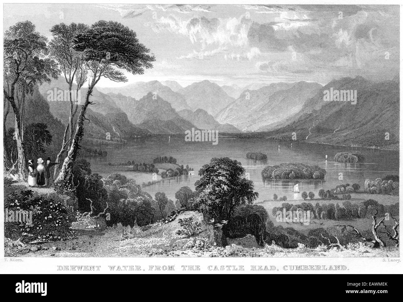 Eine Gravur "Derwent Water, vom Schloss Kopf, Cumberland" Scannen mit hoher Auflösung aus einem Buch mit dem Titel veröffentlicht im Jahre 1834 Stockfoto