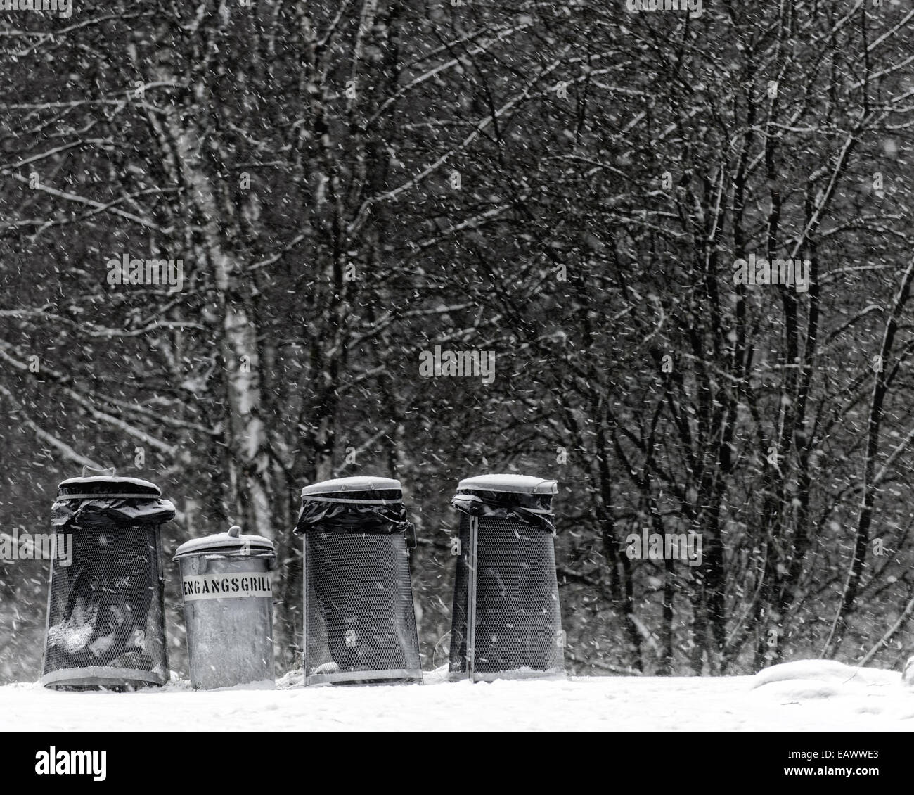 Mülltonnen am Rande einer verschneiten Wald im winter Stockfoto