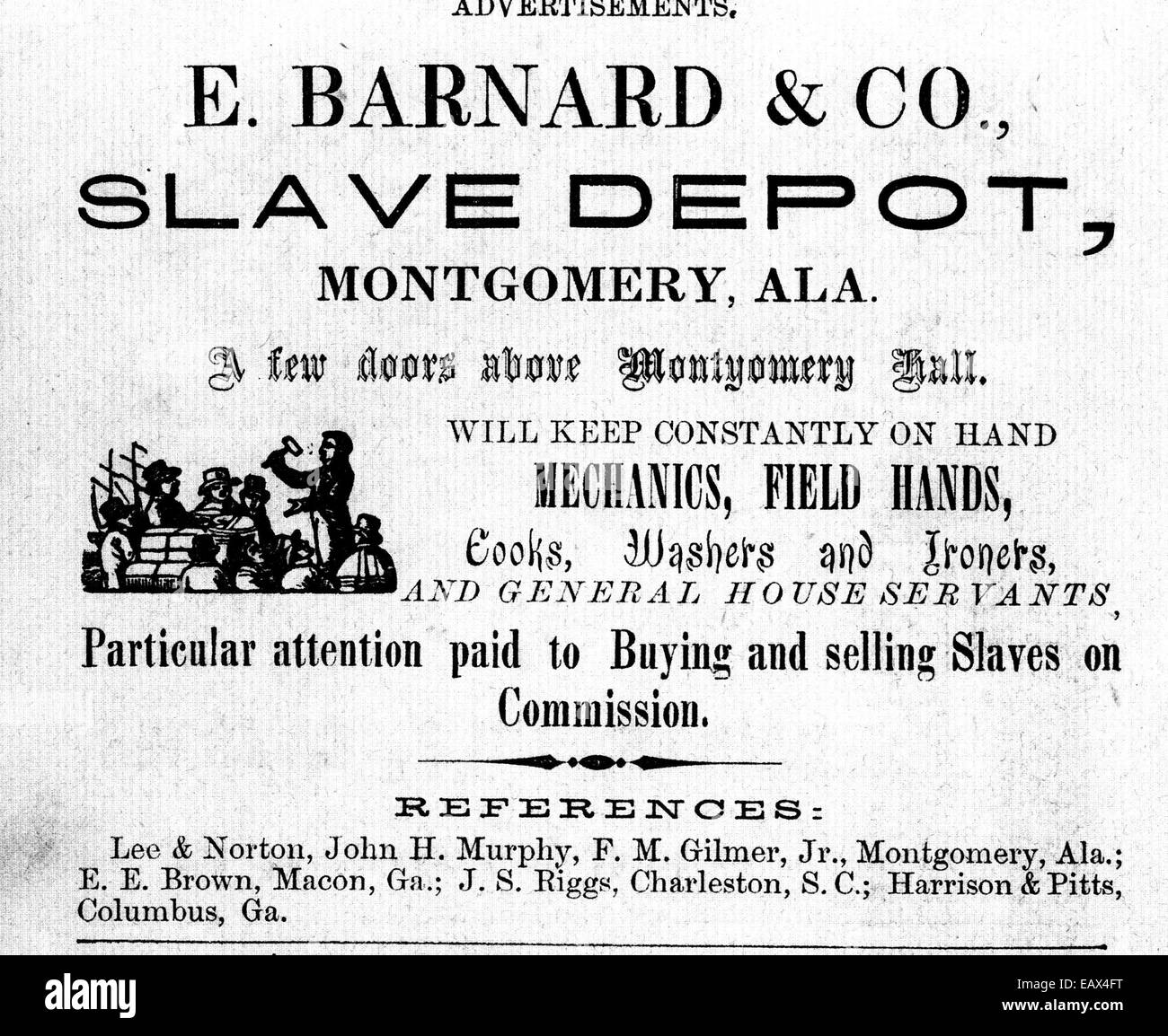 Sklaverei Anzeige von Slave-Händler in The Montgomery, Verzeichnis, Alabama, 1859 Stockfoto