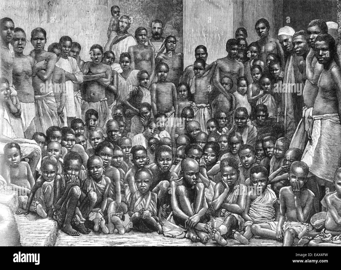 Sklaverei-Sklaven aus einer Dhau gerettet durch HMS Undine um 1850. Foto veröffentlicht 1884 Stockfoto