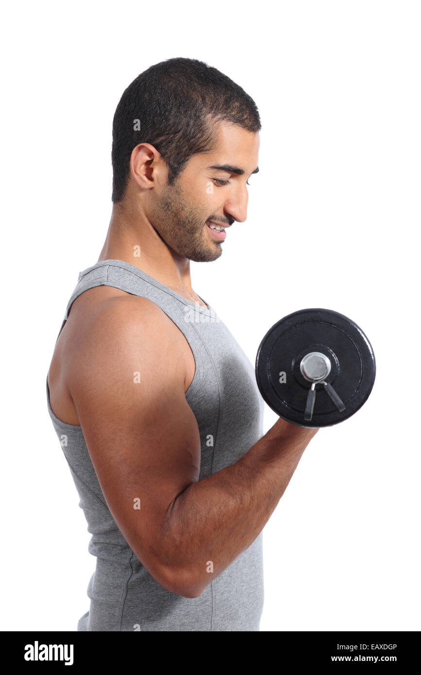 Profil von einem arabischen Sport Mann Heben von Gewichten isoliert auf weißem Hintergrund Stockfoto