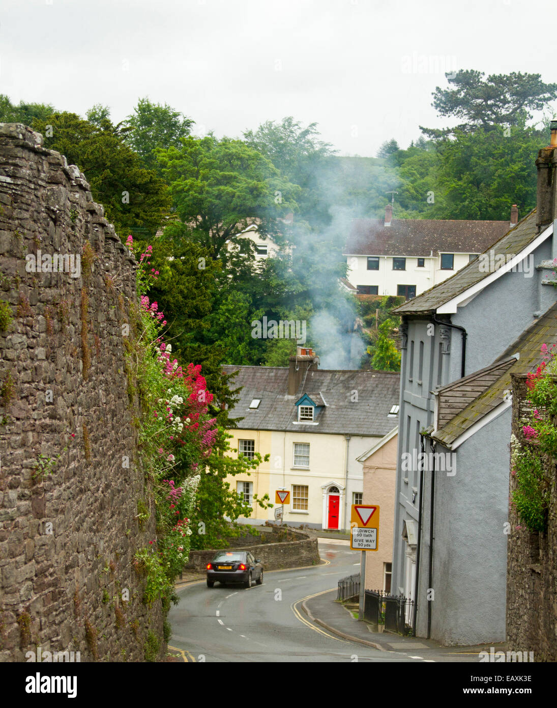 Schmale Straße schlängelt sich durch malerische Waliser Stadt von Brecon, vorbei an alten Hütten und hohen Steinmauern mit roten Wildblumen Stockfoto