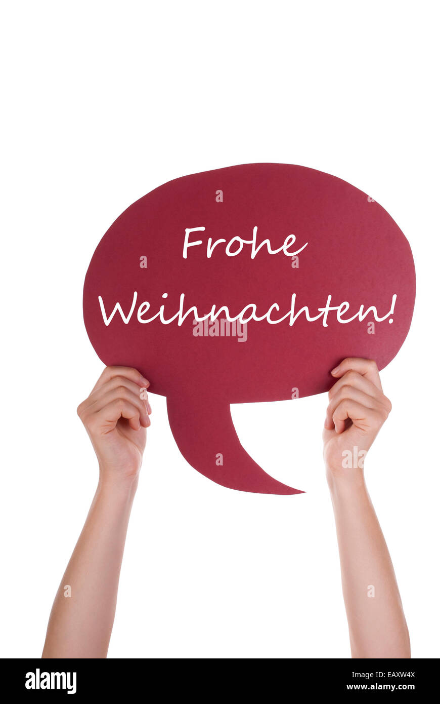 Hand, die eine rote Sprechblase oder Sprechblase mit deutschen Frohe Fernsehsendern. Isolierte Foto Stockfoto