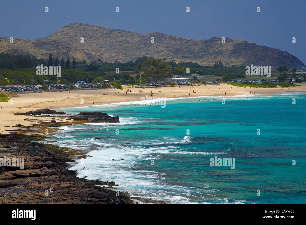 Felsenküste und Sandy Beach, Sandy Beach Park, Kalaniana'ole Autobahn, Oahu, Hawaii, USA Stockfoto