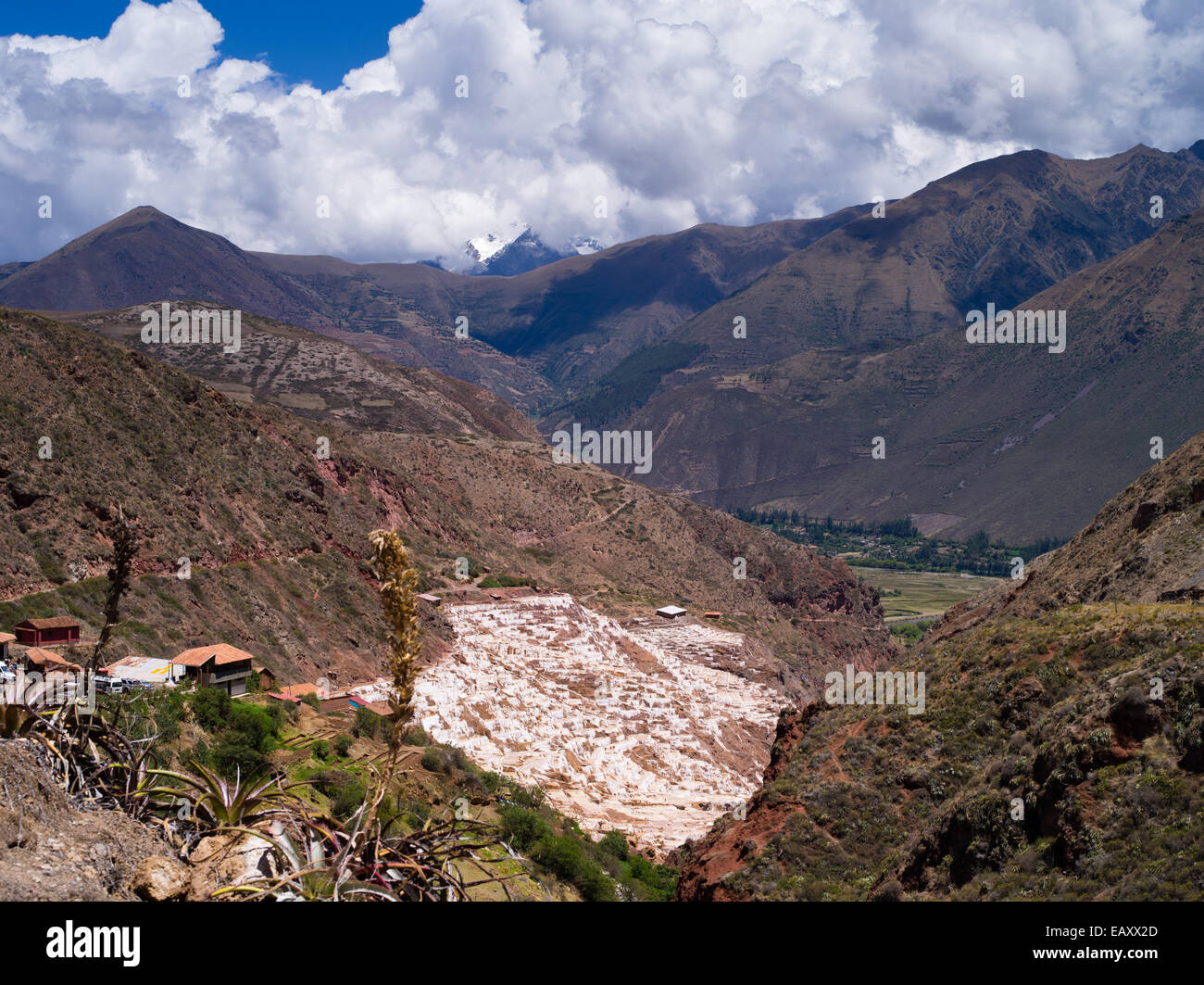 Hohe Betrachtungswinkel von Salinas de Maras (maras Saline), in der Nähe von Cusco, Peru, mit dem Berg Veronica im Hintergrund. Stockfoto