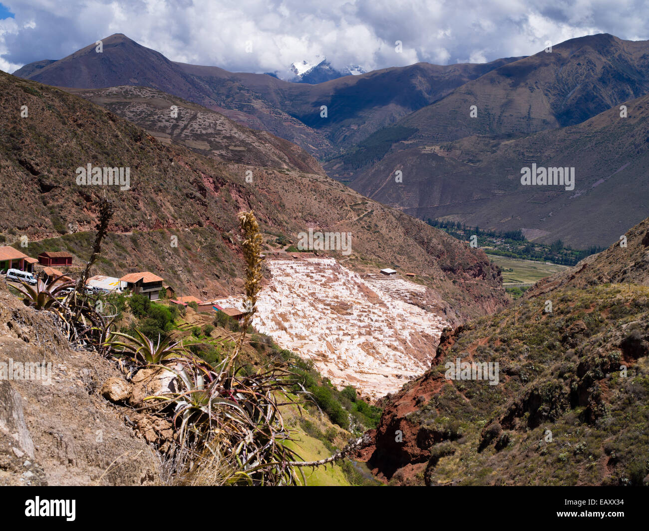 Hohe Betrachtungswinkel von Salinas de Maras (maras Saline), in der Nähe von Cusco, Peru, mit dem Berg Veronica im Hintergrund. Stockfoto