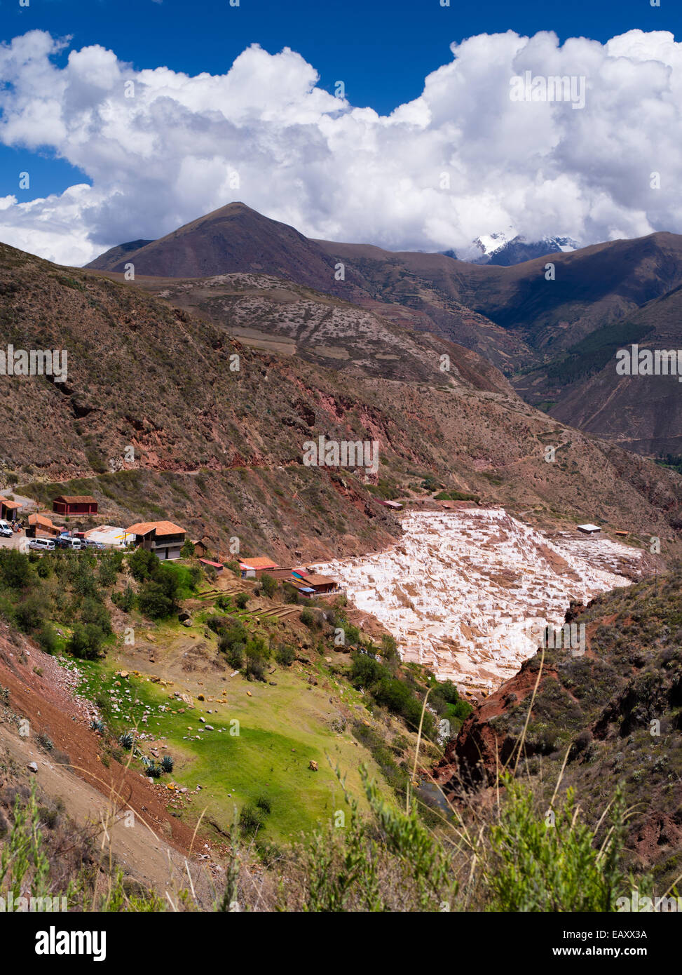Hohe Betrachtungswinkel von Salinas de Maras (maras Saline), in der Nähe von Cusco, Peru, mit dem Berg Veronica im Hintergrund. Stockfoto