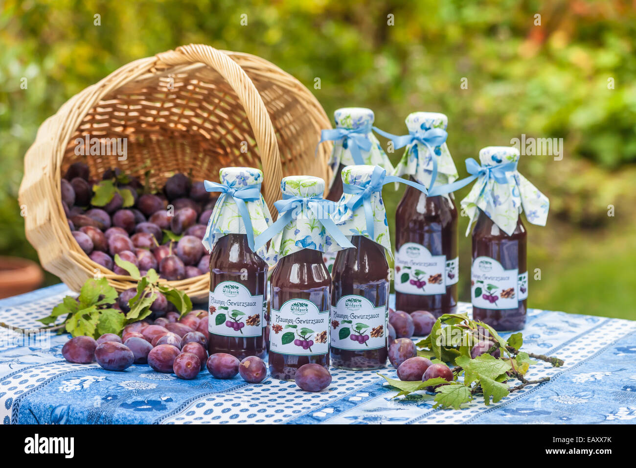 Flaschen mit würziger Pflaumensauce auf Gartentisch Stockfoto