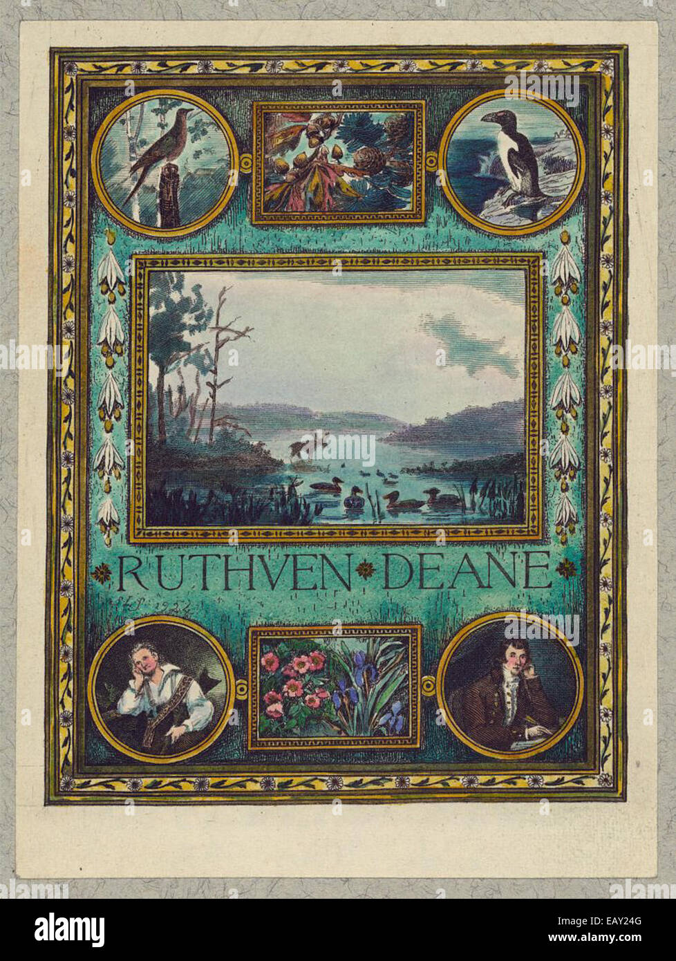 Dieser handfarbene Buchteller, der für den Ornithologen Ruthven Deane entworfen wurde, zeigt die komplizierten Designarbeiten des Künstlers und unterstreicht die Bedeutung von Deanes Beiträgen zur Erforschung von Vögeln und ihren natürlichen Lebensräumen. Das Heft wurde akribisch von Mrs. Frank S. handgefärbt Stockfoto