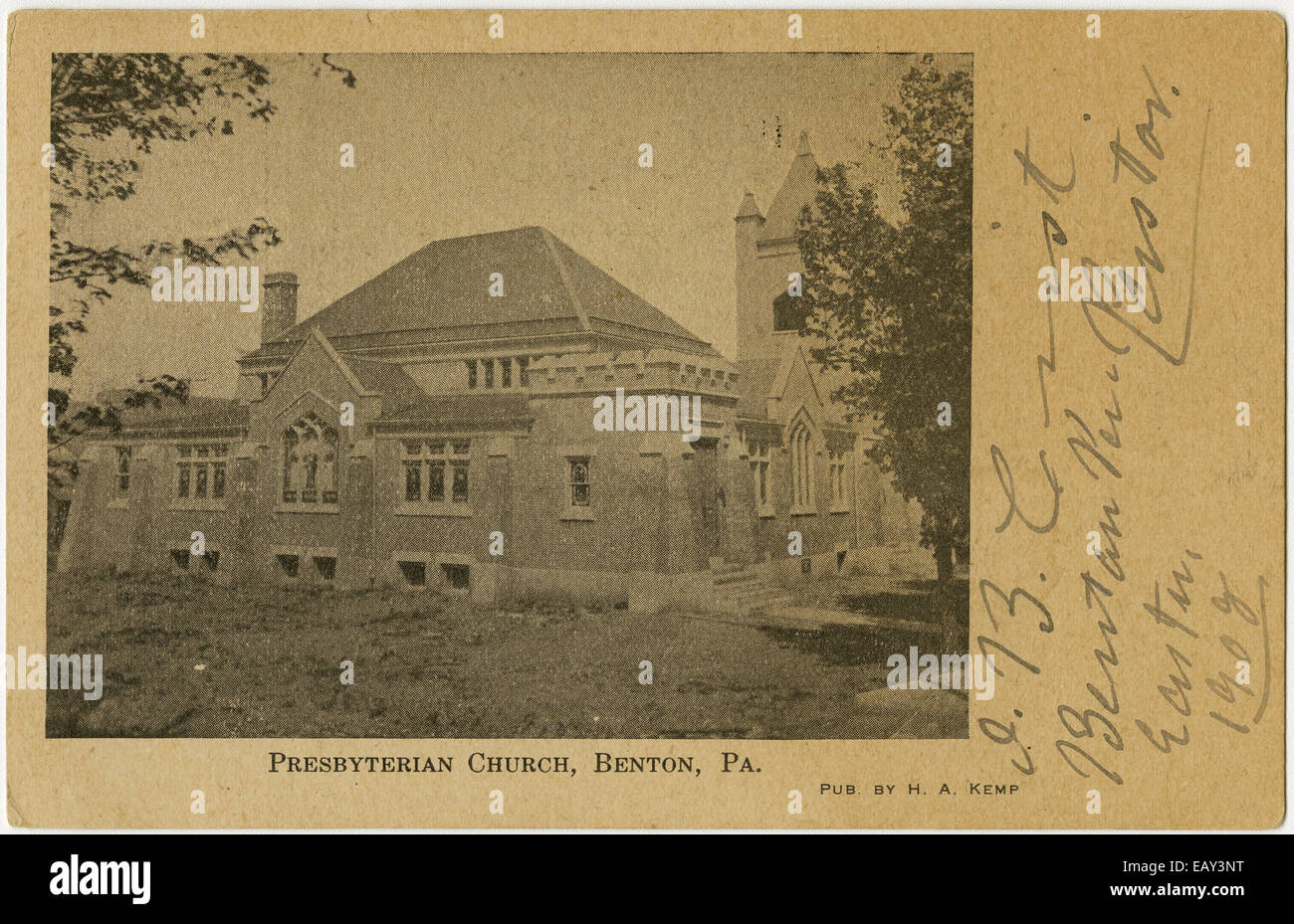 Presbyterianische Kirche in Benton, Pennsylvania nach einer Pre-1923-Postkarte. Von RG 428, Postkarten-Kollektion Stockfoto