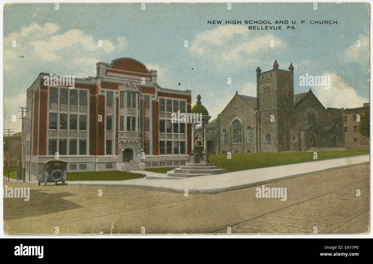 Vereinigte Presbyterianische Kirche in Bellevue, Pennsylvania nach einer Pre-1923-Postkarte. Von RG 428, Postkarten-Kollektion Stockfoto