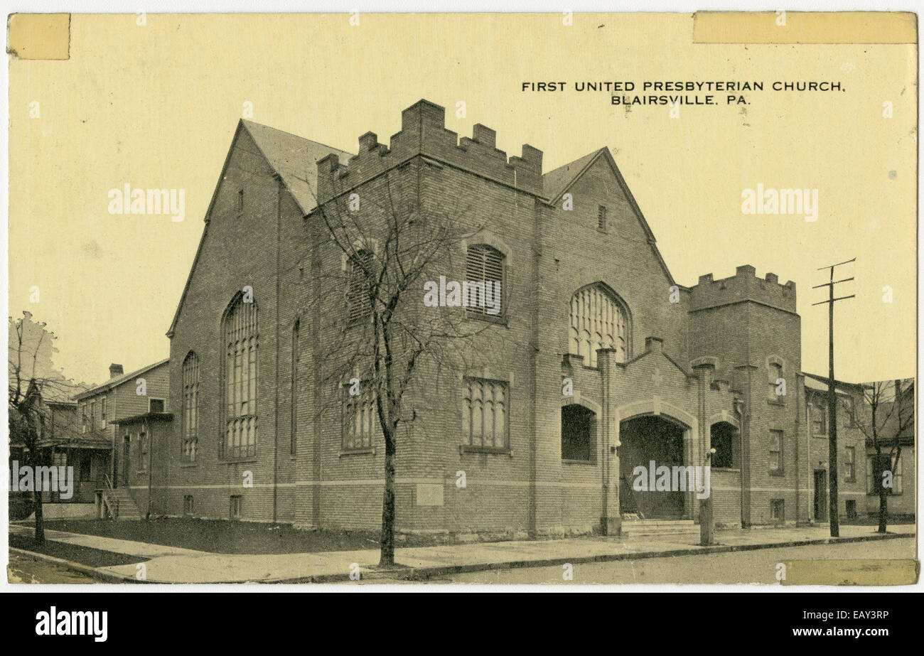 Ersten United Presbyterian Church in Blairsville, Pennsylvania nach einer Pre-1923-Postkarte. Von RG 428, Postkarten-Kollektion Stockfoto