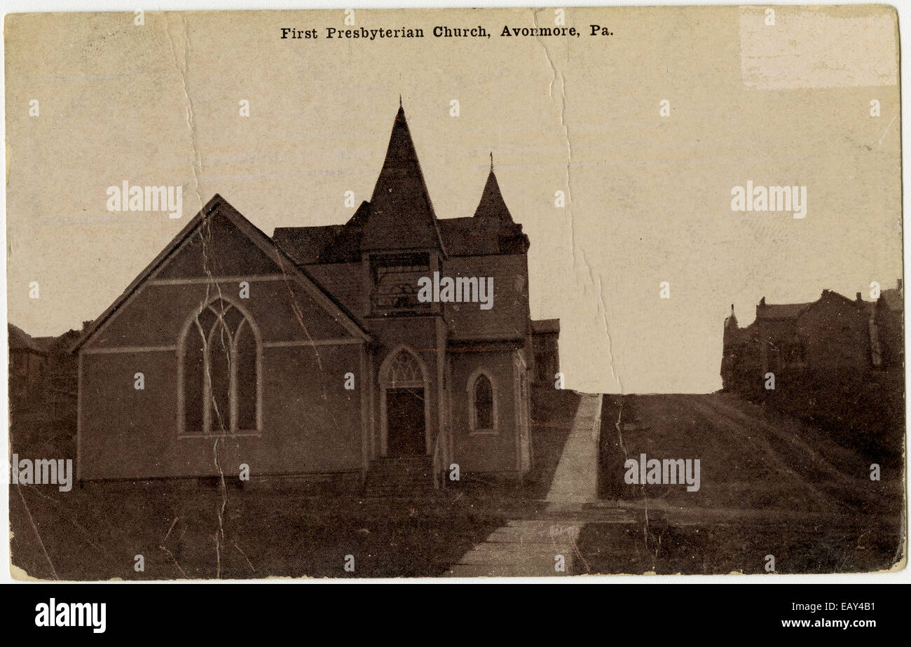 Am ersten presbyterianischen Kirche in Avonmore, Pennsylvania nach einer Pre-1923 Postkarte von RG-428 Postkartensammlung, Stockfoto
