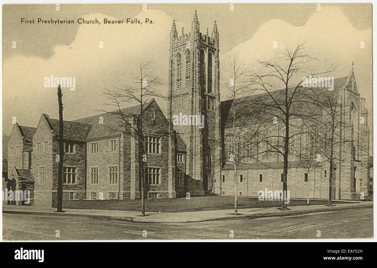 Am ersten presbyterianischen Kirche in Beaver Falls in Pennsylvania von einer Pre-1923 Postkarte von RG-428 Postkartensammlung, Stockfoto