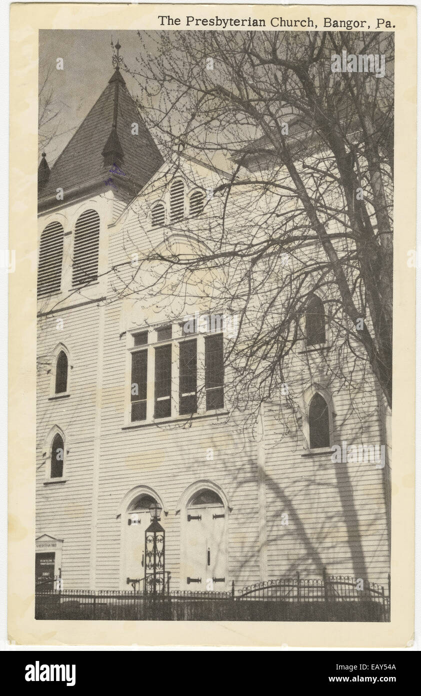 Presbyterianische Kirche in Bangor, Pennsylvania nach einer Pre-1923 Postkarte von RG-428 Postkarten-Kollektion Stockfoto