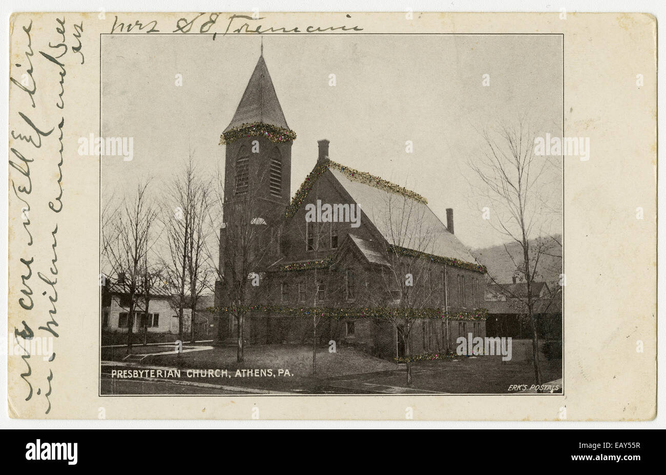 Presbyterianische Kirche in Athen, Pennsylvania nach einer Pre-1923 Postkarte von RG-428 Postkartensammlung, Stockfoto