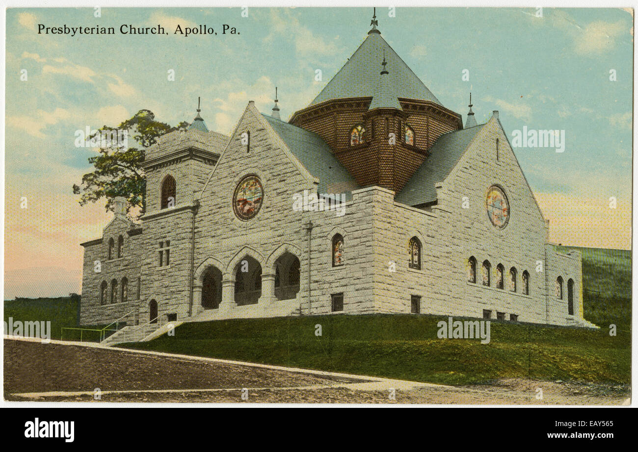 Presbyterianische Kirche in Apollo, Pennsylvania nach einer Pre-1923 Postkarte von RG-428 Postkartensammlung, Stockfoto