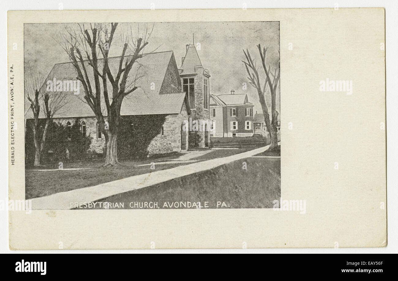 Presbyterianische Kirche in Avondale, Pennsylvania nach einer Pre-1923 Postkarte von RG-428 Postkartensammlung, Stockfoto