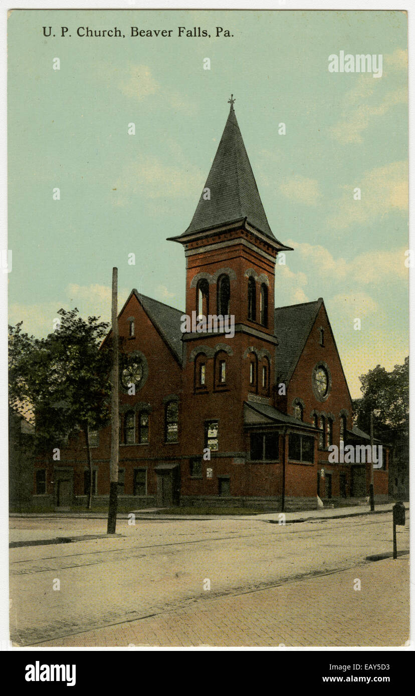 Vereinigte Presbyterianische Kirche in Beaver Falls in Pennsylvania von einer Pre-1923 Postkarte von RG-428 Postkartensammlung, Stockfoto