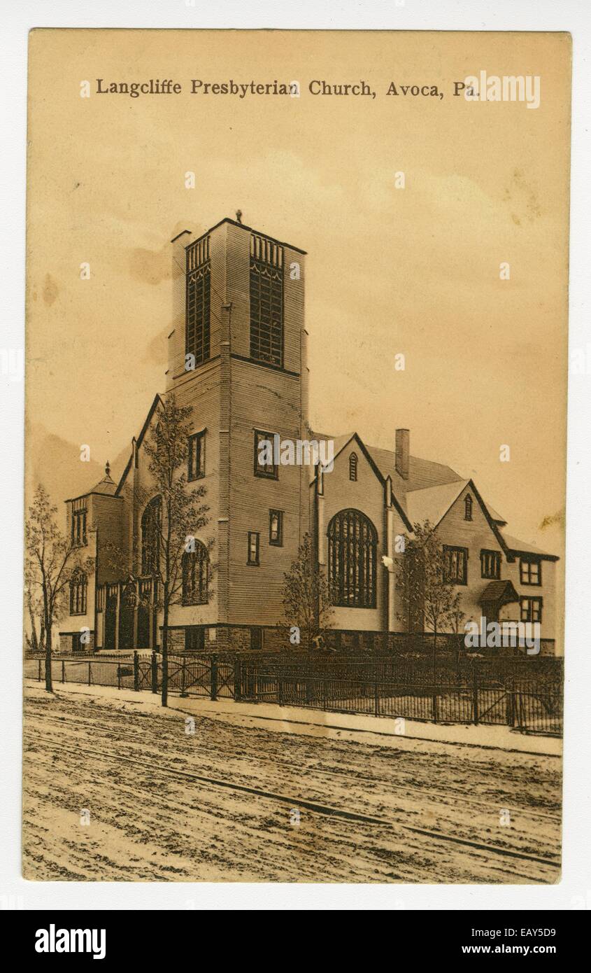 Langcliffe Presbyterianische Kirche in Avoca, Pennsylvania nach einer Pre-1923 Postkarte von RG-428 Postkartensammlung, Stockfoto