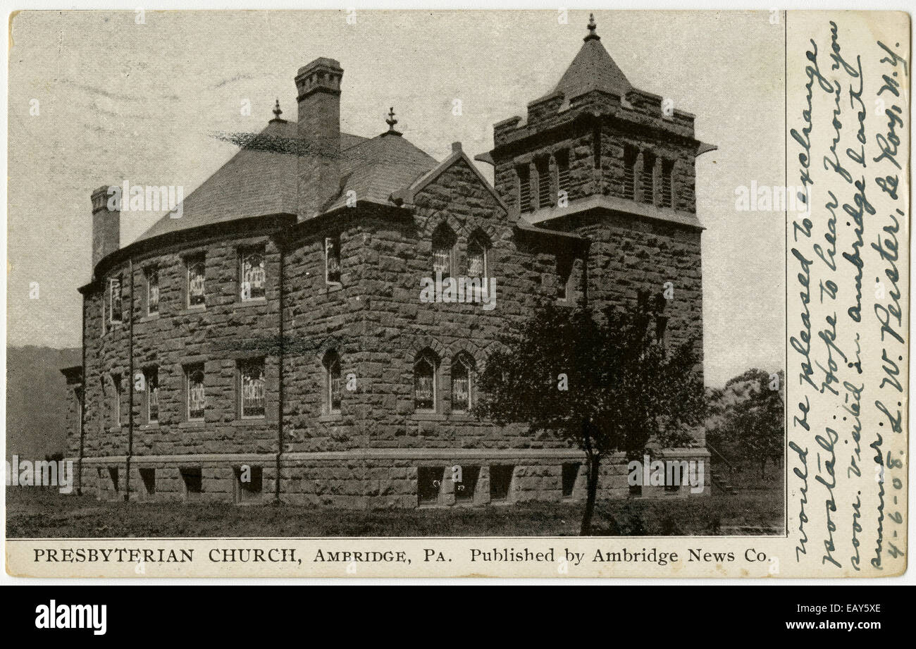 Presbyterianische Kirche in Ambridge, Pennsylvania nach einer Pre-1923 Postkarte von RG-428 Postkarten-Kollektion Stockfoto