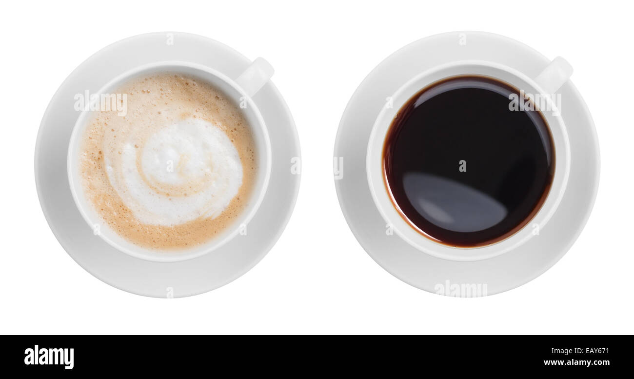Cappuccino und schwarzen Espresso Kaffee Tasse Draufsicht isoliert auf weiss Stockfoto