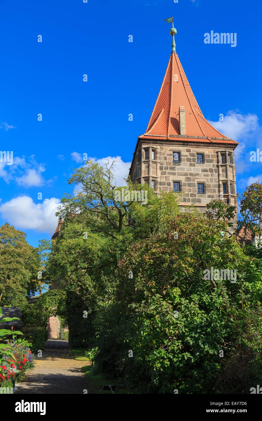 Nürnberger Burg mit blauen Himmel und Bäume im Garten Stockfoto