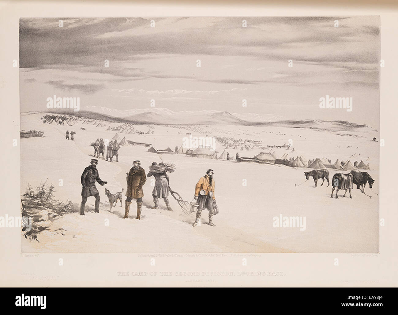 Dieses Foto vom Januar 1855 zeigt das Lager der Zweiten Division während des Krimkrieges. Es umfasst Glockenzelte, Offiziere und Soldaten, die eine Momentaufnahme des militärischen Lebens während des Konflikts liefern. Stockfoto