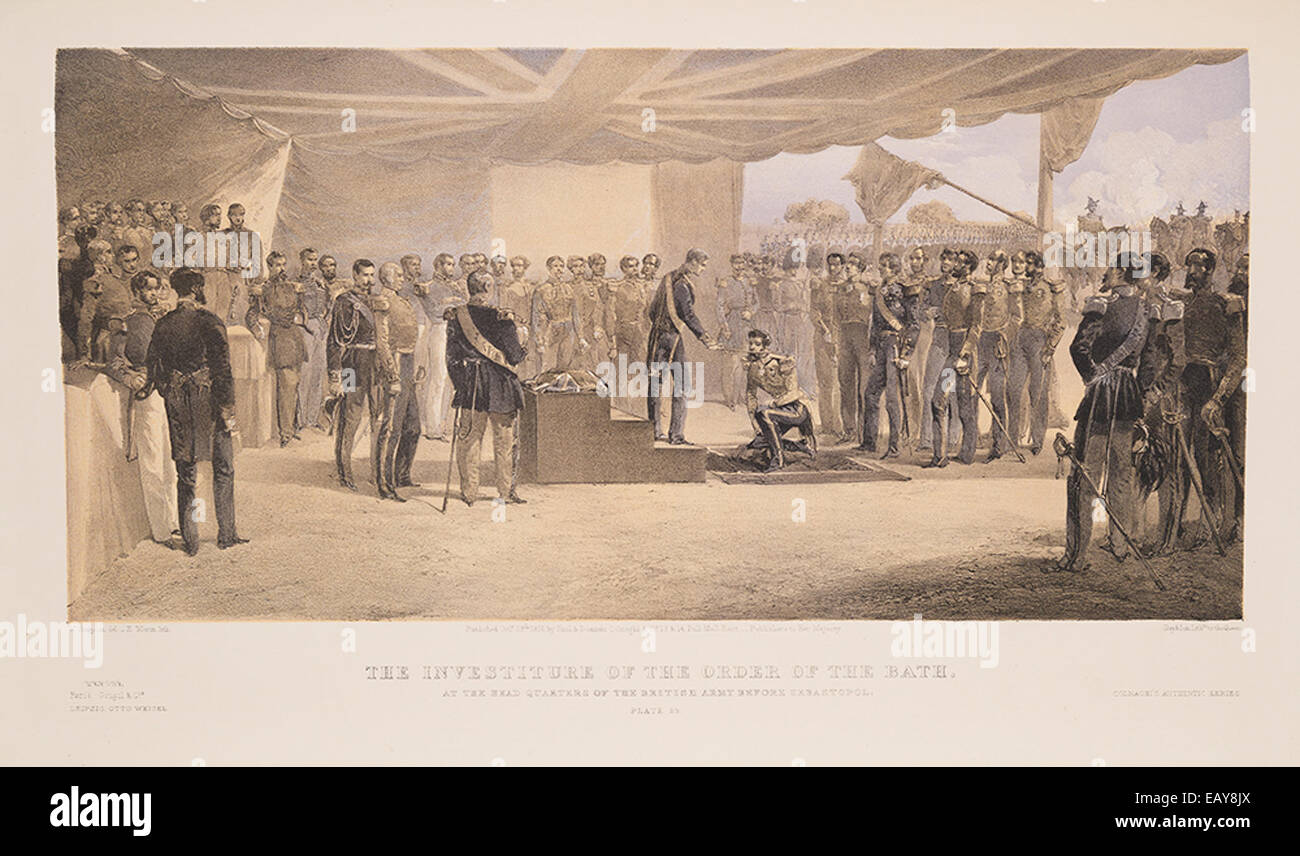 Die Investitur des Ordens des Bades im Hauptquartier der britischen Armee vor Sewastopol während des Krimkriegs, eine militärische Zeremonie zur Würdigung außergewöhnlicher Verdienste. Stockfoto