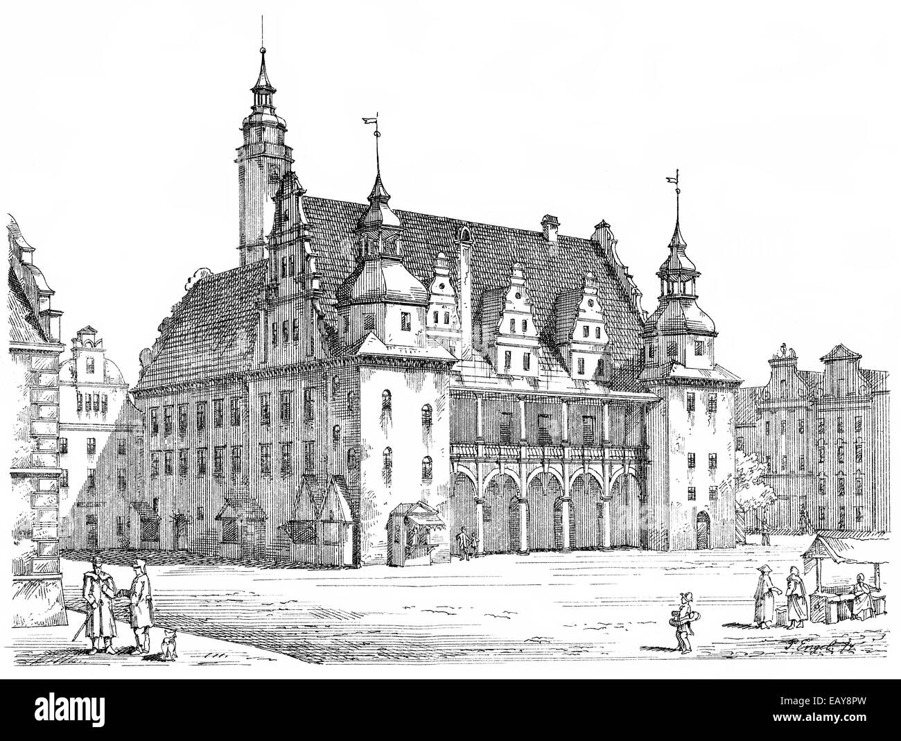 Historische architektonische Abbildung aus dem 19. Jahrhundert, 1873, Fassade im Stil Renaissance, Rathaus, Brzeg oder Brieg, ein Stockfoto