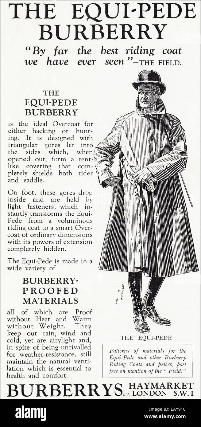 1920er Jahren Werbung für EQUI-PEDE Reiten Mantel von BURBERRY London im englischen Magazin vom Juni 1929 Stockfoto