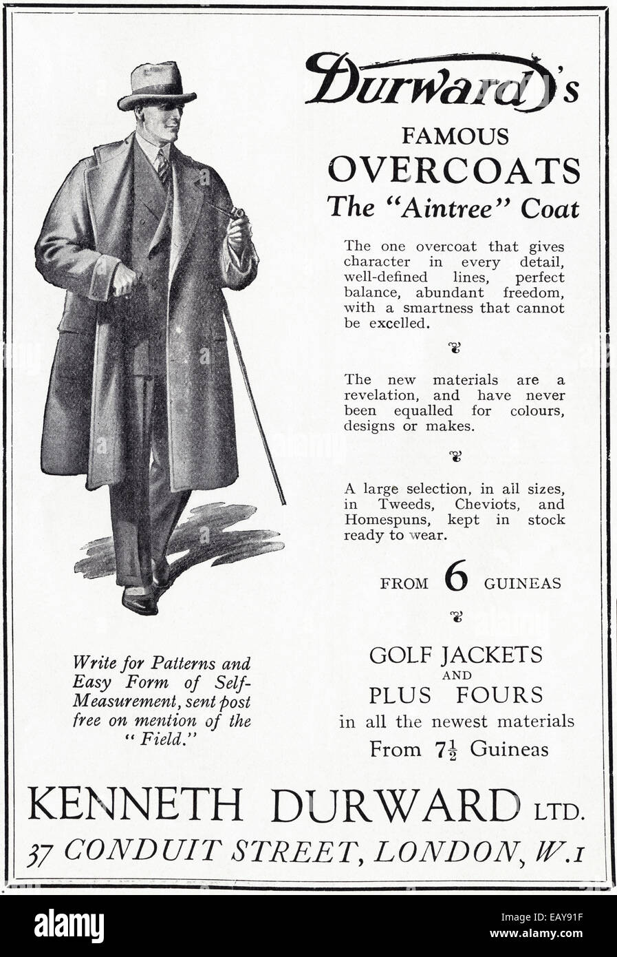 Anzeige der 1920er Jahre für DURWARD Mäntel der Conduit Street, London im englischen Magazin vom Juni 1929 Stockfoto