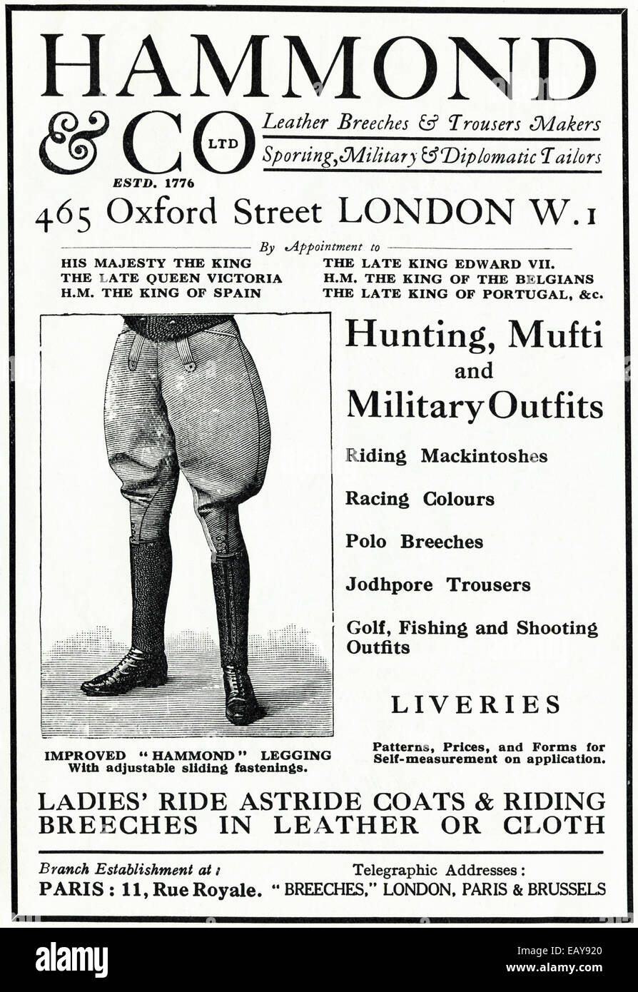 1920er Jahren Werbung für HAMMOND & CO Lederhosen & Hose Entscheidungsträger, Sport, militärischen und diplomatischen Schneider von London in deu Stockfoto