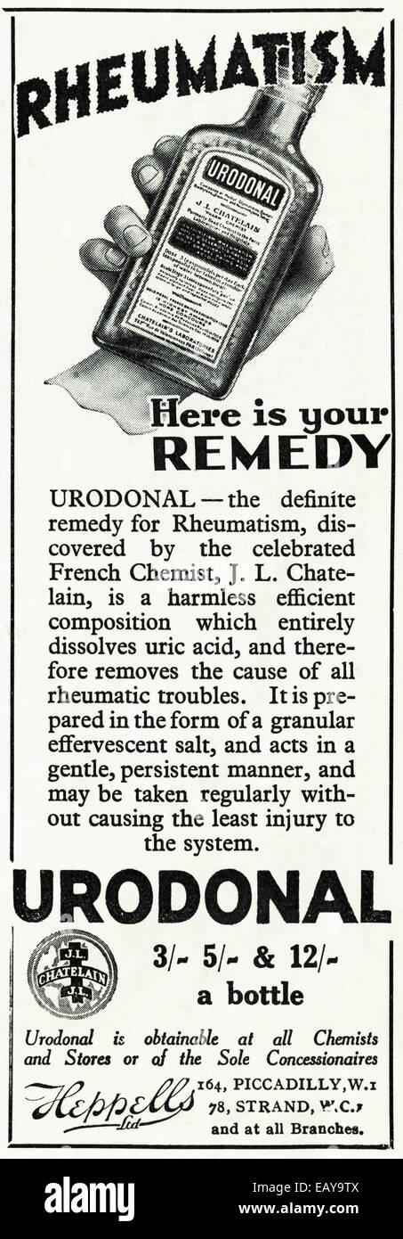 1920er Jahren Werbung für URODONAL Heilmittel für Rheuma im englischen Magazin vom Juni 1929 Stockfoto