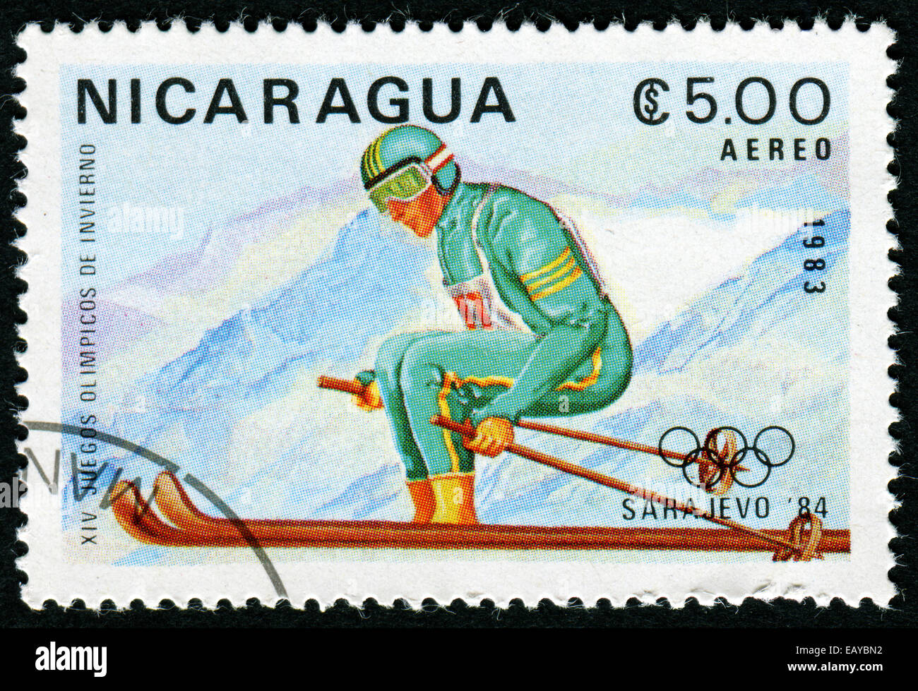 NICARAGUA - ca. 1983: eine Briefmarke gedruckt in Nicaragua zeigt Ski fahren, springen, 14. Olympischen Winterspiele, Sarajevo, SFR Jugoslawien Stockfoto