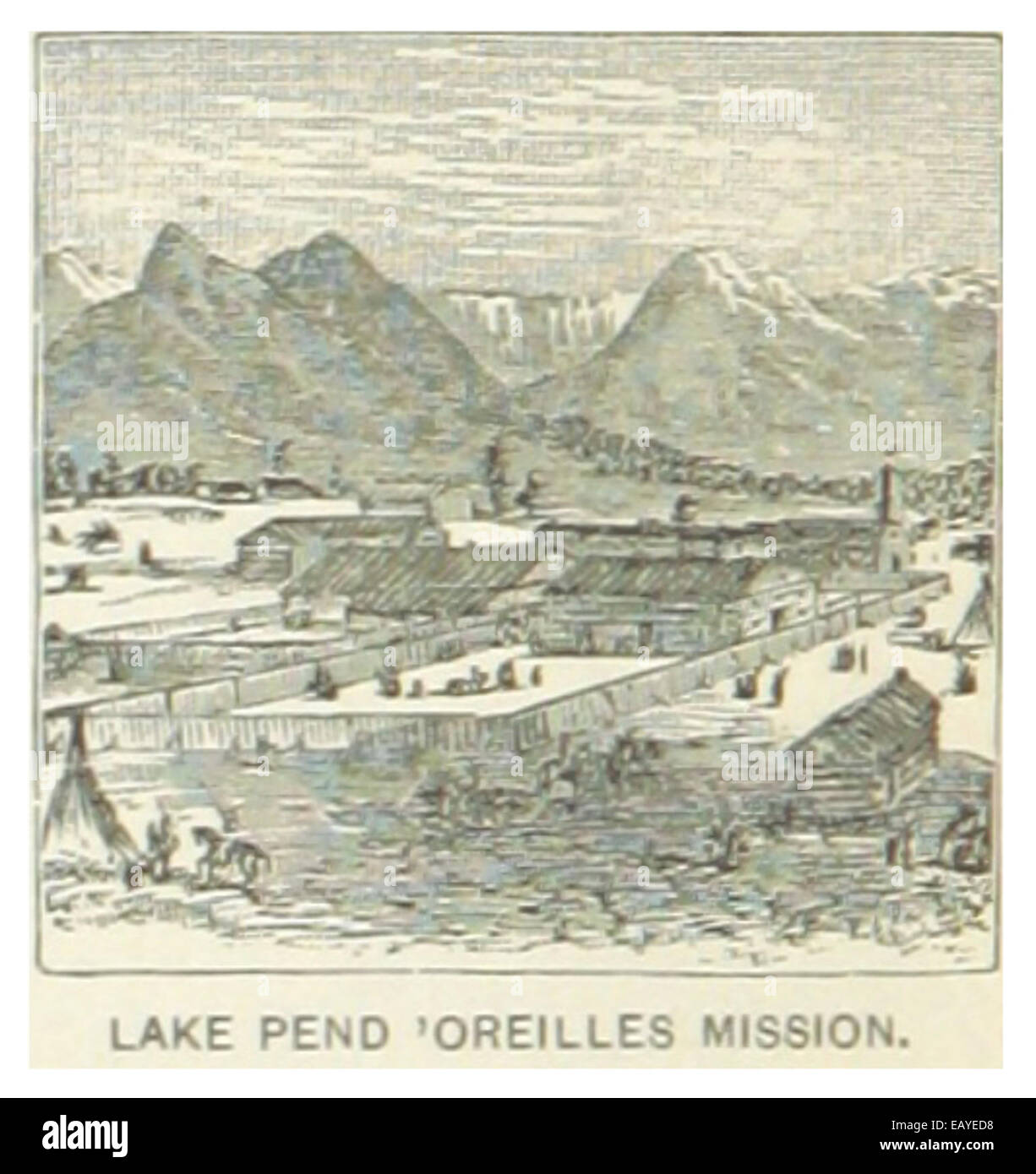 Diese Karte aus dem Jahr 1891 zeigt die Lake Pend 'Oreilles Mission in Idaho und zeigt die religiöse und kulturelle Bedeutung des Gebiets im späten 19. Jahrhundert. Stockfoto