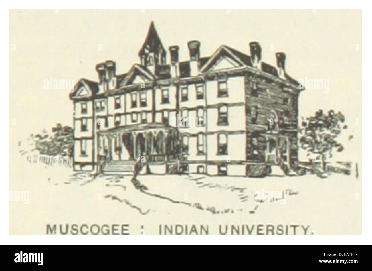 Eine Illustration der Muscogee Indian University aus dem Jahr 1891, die die Rolle der indianischen Bildung während des späten 19. Jahrhunderts in den Vereinigten Staaten veranschaulicht. Stockfoto