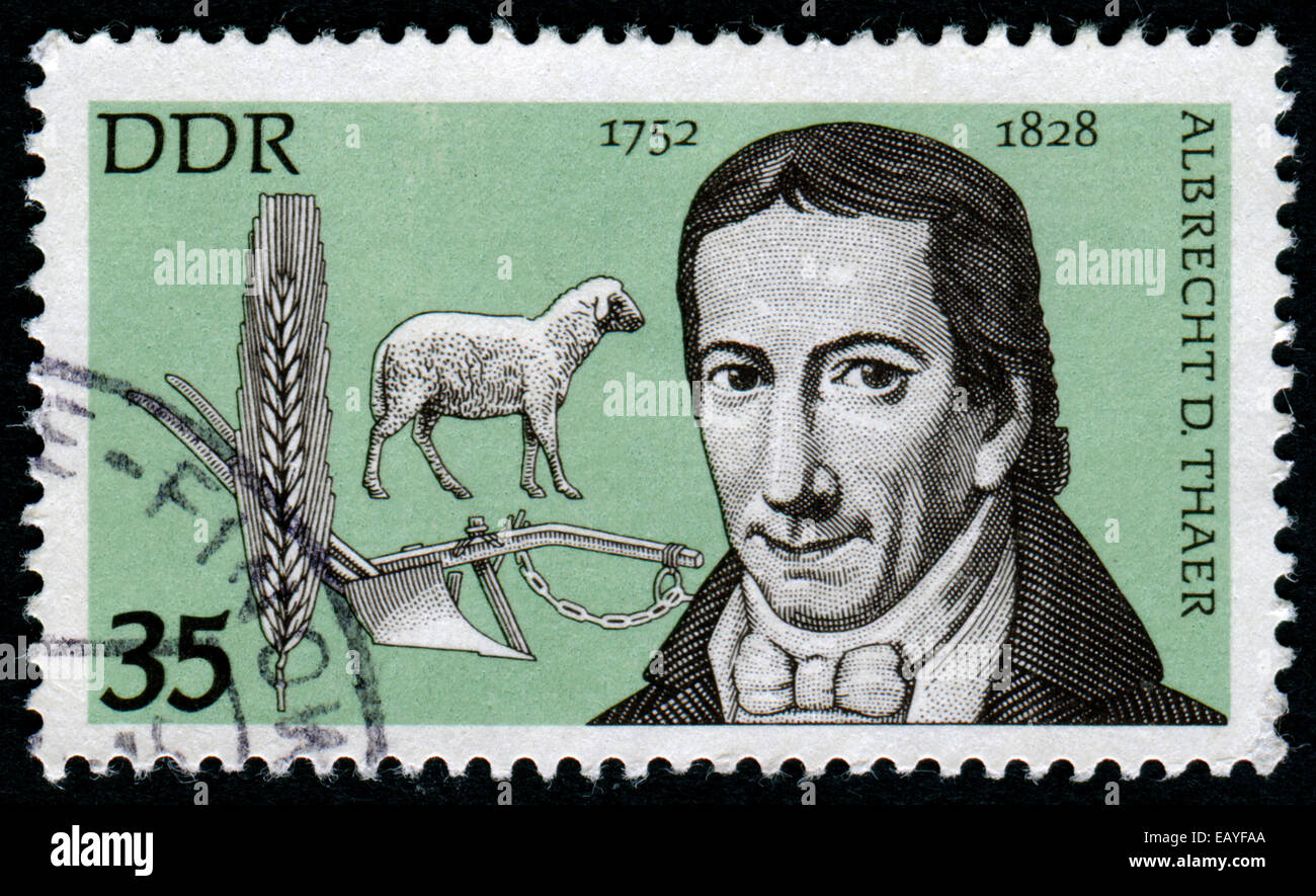 Deutschland - CIRCA 1977: Eine Briefmarke gedruckt in Deutschland zeigt Daniel Albrecht Tahir, deutscher Landwirt, Agronom und Arzt, ca. 1 Stockfoto