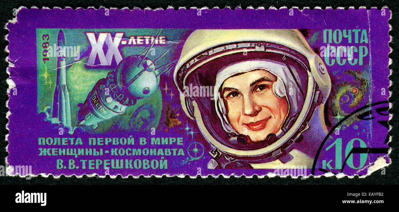 UdSSR - ca. 1983: Eine Briefmarke gedruckt in der UdSSR, 20. Jahrestag der ersten Flug in den Weltraum, Kosmonautin Valentina Tereshkova. , ca. Stockfoto